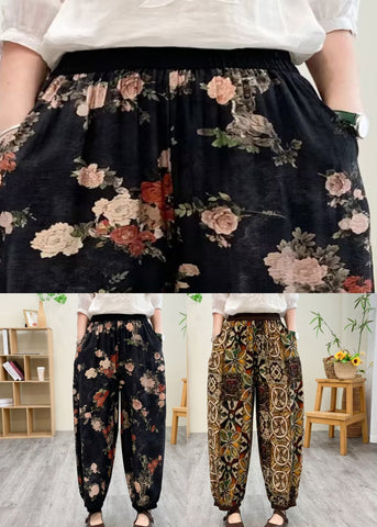 Black Print Silk Linen Lantern Pants Summer Black Print Silk Linen Lantern Pants Summer