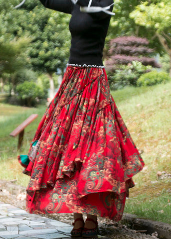 Bohemian Red Cinched Print Patchwork Exra Large Hem Cotton Skirts Fall Bohemian Red Cinched Print Patchwork Exra Large Hem Cotton Skirts Fall