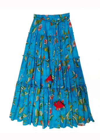 Bohemian Blue Cinched Print High Waist Patchwork Cotton Skirts Summer Bohemian Blue Cinched Print High Waist Patchwork Cotton Skirts Summer