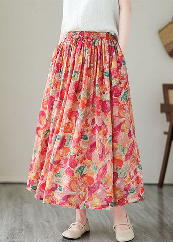 Boho Floral Wrinkled Pockets Elastic Waist Patchwork Linen Skirts Summer Boho Floral Wrinkled Pockets Elastic Waist Patchwork Linen Skirts Summer