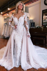 Bmbridal Long Sleeves Lace Wedding Dress Mermaid Overskirt On Sale