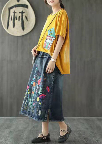 Boho Dark Blue Embroideried Tasseled A Line Summer Skirts Denim Boho Dark Blue Embroideried Tasseled A Line Summer Skirts Denim