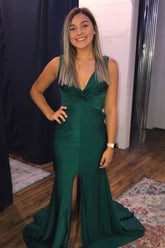 Green Keyhole V-Neck Long Prom Dress With Split Front