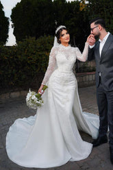 Bmbridal Long Sleeves Overskirt Wedding Dress Mermaid High Neck Lace
