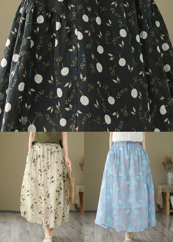 Black Pockets Print Patchwork Linen Skirt Wrinkled Summer Black Pockets Print Patchwork Linen Skirt Wrinkled Summer