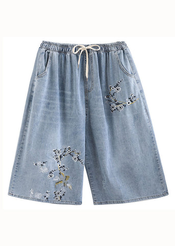 Bohemian Blue Embroideried Pockets Patchwork Denim Wide Leg Pants Summer Bohemian Blue Embroideried Pockets Patchwork Denim Wide Leg Pants Summer