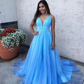 Bmbridal Spaghetti-Straps V-Neck Tulle Blue Prom Dress Sleeveless Long