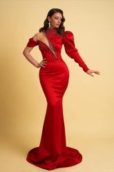 Chic Red Long Sleeve Mermaid Evening Dress With Beadings High Neck