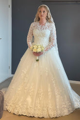 Bmbridal Long Sleeves Princess Wedding Dress With Lace Appliques High Neck
