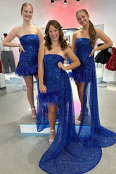 Sparkle 'til Dawn Bodycon Strapless Royal Blue Sequins Short Homecoming Dress with Feather