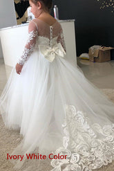 BMbridal Long Sleeve Tulle Lace Flower Girl Dress With Bowknot