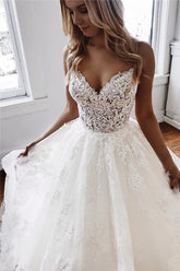 Bmbridal Spaghetti-Straps Open Back Lace Wedding Dress Sleeveless