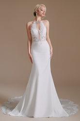 BMbridal Gorgeous Halter Sleeveless Mermaid Wedding Dress With Appliques