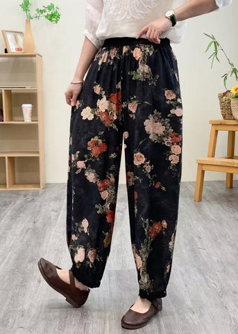 Black Print Silk Linen Lantern Pants Summer Black Print Silk Linen Lantern Pants Summer