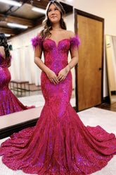 Sparkly Hot Pink Mermaid Off the Shoulder Sequins Long Prom Dress with Feather