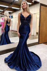 Navy Mermaid Deep V Neck Satin Long Prom Dress with Appliques