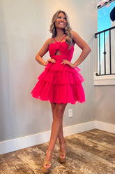 Fuchsia A-Line Halter Tiered Tulle Corset Short Homecoming Dress