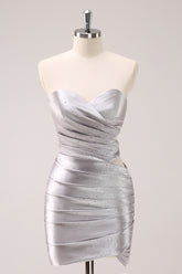Silver Strapless Bodycon Cut Out Short Homecoming Dress with Beading