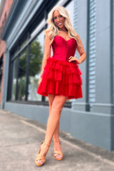 Red Strapless A-Line Satin Corset Short Homecoming Dress