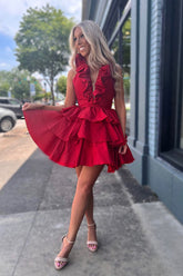 Red Deep V-neck A-Line Satin Short Homecoming Dress with Ruffles