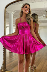Metallic Silver Spaghetti Straps Pleated A-Line Short Homecoming Dress