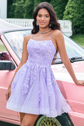 Lilac Spaghetti Straps A-Line Tulle Homecoming Dress with Appliques