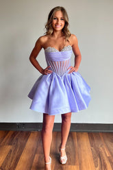 Lilac Strapless A-Line Satin Short Corset Homecoming Dress with Beading