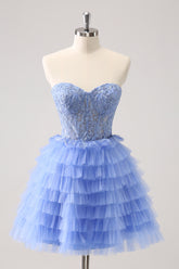 Lilac Strapless A-Line Tulle Tiered Corset Homecoming Dress with Appliques