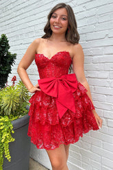 Red A-Line Sweetheart Tulle Sequins Tiered Short Corset Homecoming Dress with Bow