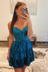 Peacock Blue Strapless A-Line Tiered Short Corset Homecoming Dress with Beading