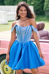 Trendy Blue Off the Shoulder A-Line Satin Corset Homecoming Dress with Beading