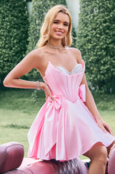 Pink Strapless A-Line Satin Short Corset Homecoming Dress with Bow