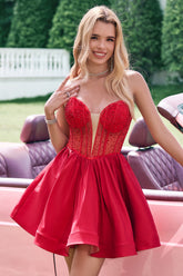 Red Strapless Satin A-Line Short Corset Homecoming Dress with Beading