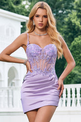 Purple Spaghetti Straps Bodycon Satin Short Homecoming Dress with Appliques