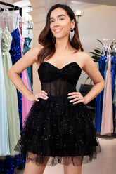 Black Sweetheart Tulle A-Line Tiered Short Corset Homecoming Dress with Beading