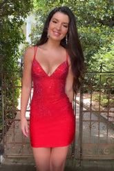 Red Spaghetti Straps Bodycon Homecoming Dress with Beading