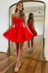 Red Sweetheart A-Line Tulle Tiered Short Homecoming Dress with Appliques