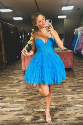 Glitter Blue Spaghetti Straps A-Line Tulle Tiered Short Corset Homecoming Dress