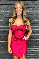 Red Strapless Ruched Satin Bodycon Short Homecoming Dress