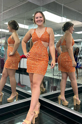 Sparkly Orange Spaghetti Straps Sequins Short Homecoming Dress
