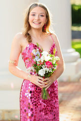 Sparkly Fuchsia Spaghetti Straps Sequins Bodycon Short Homecoming Dress