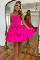 Fuchsia Strapless A-Line Tiered Short Homecoming Dress with Beading