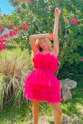 Fuchsia Strapless A-Line Tulle Tiered Short Homecoming Dress