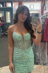 Light Green Spaghetti Straps Sequins Bodycon Corset Short Homecoming Dress