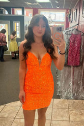 Sparkly Orange Spaghetti Straps Sequins Bodycon Short Homecoming Dress