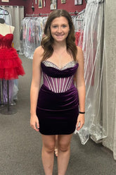 Dark Purple Strapless Bodycon Ruched Corset Short Homecoming Dress