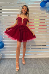 Burgundy Cold Shoulder A-Line Tulle Corset Short Homecoming Dress with Appliques