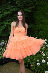 Orange Spaghetti Straps A-Line Tulle Tiered Short Homecoming Dress