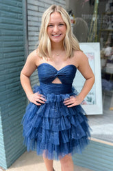 Navy Strapless A-Line Tulle Tiered Short Homecoming Dress