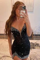 Sparkly Black Strapless Bodycon Sequins Short Corset Homecoming Dress with Beading